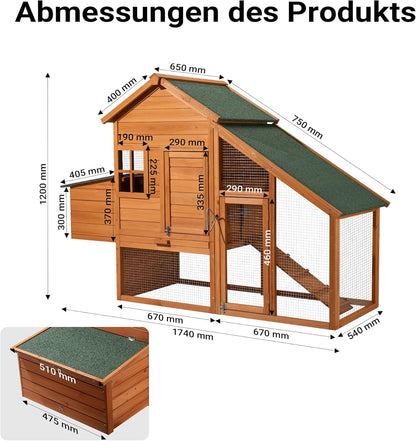 Chicken coop freeway and nesting box, spruce wood, 1720x660x1200mm, galvanized grid, excrement tray - QUORE