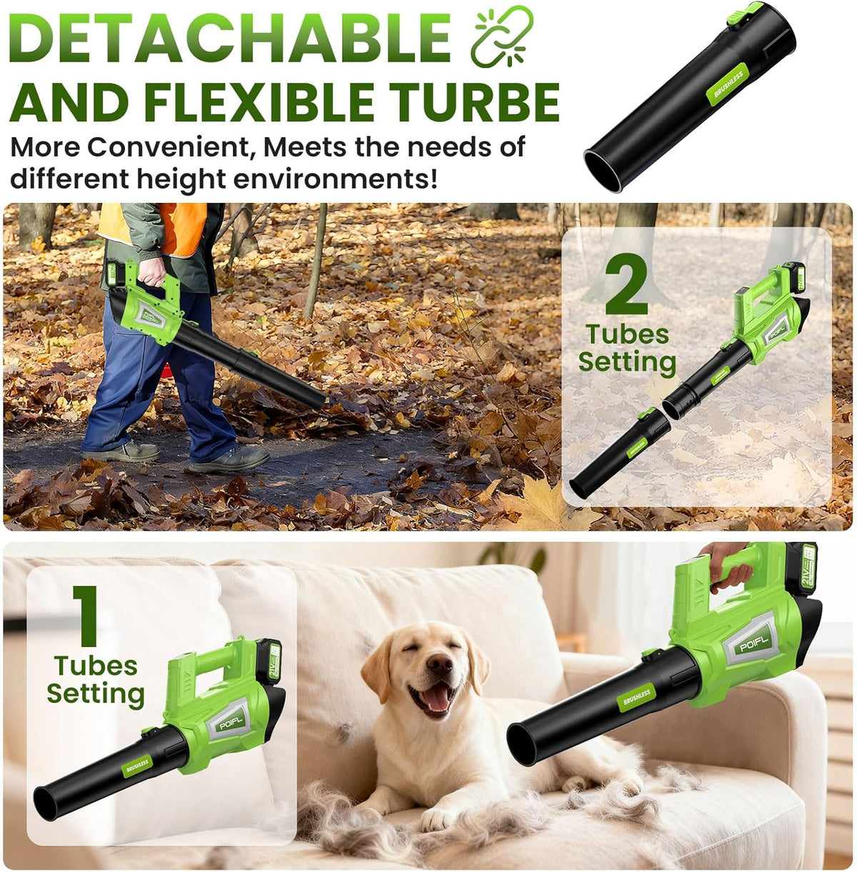 POLIF bladblazer, maximale windsnelheid 245 km/u, elektrische bladblazer met 6 versnellingen en 2 x 4,0 Ah accu's & LED-display voor tuin, bladeren, stof en sneeuw