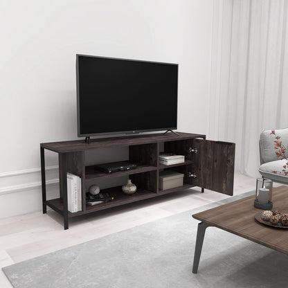 Hanah Home Industriële tv-standaard, donkerbruin en zwart, 120 cm x 48 cm x 35 cm, 100% melamine gecoat particle board, 18 mm dik, stijlvol en functioneel met cijferplanken