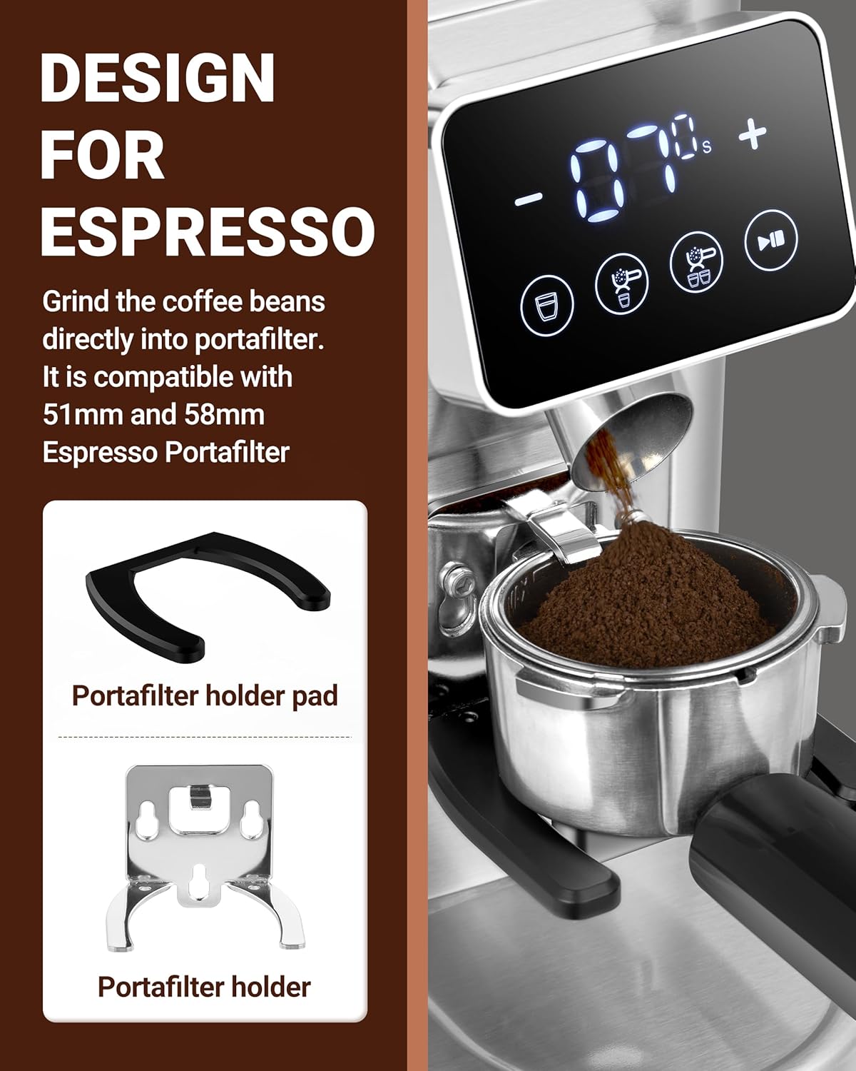 AMZCHEF Elektrische koffiemolen met afneembare houder en gemalen koffiecontainer | LED Touch Panel | 24 nauwkeurige maalinstellingen Elektrische Molen voor espresso/druppelaar/overgieten/French Press