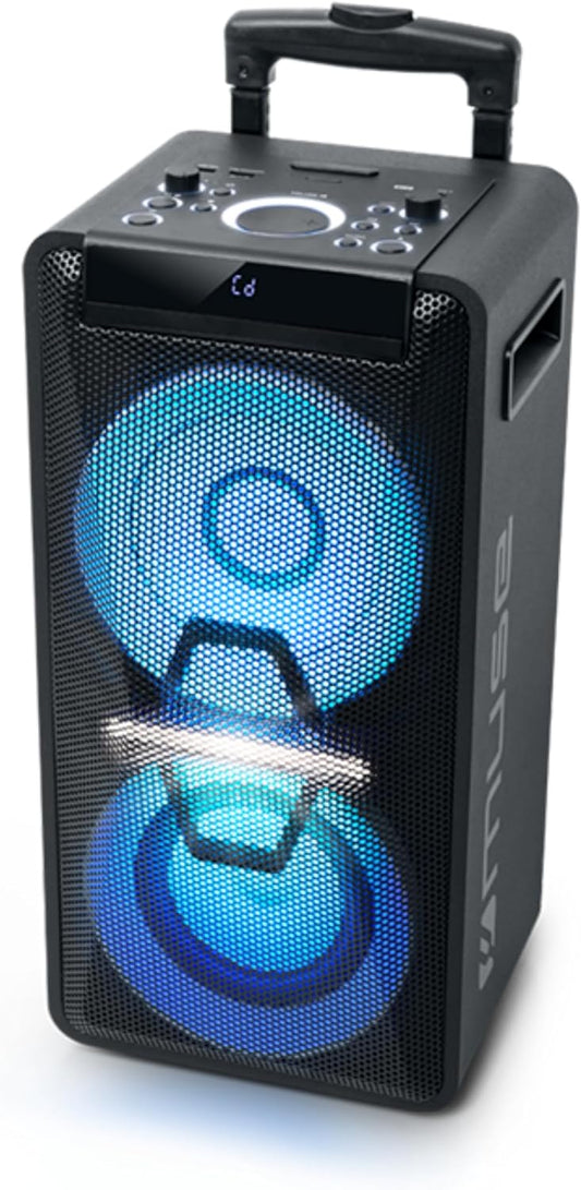 Muse DJ PA-installatie met accu, 300 watt, met cd, bluetooth en lichteffecten (USB, AUX, microfoon, afstandsbediening), zwart