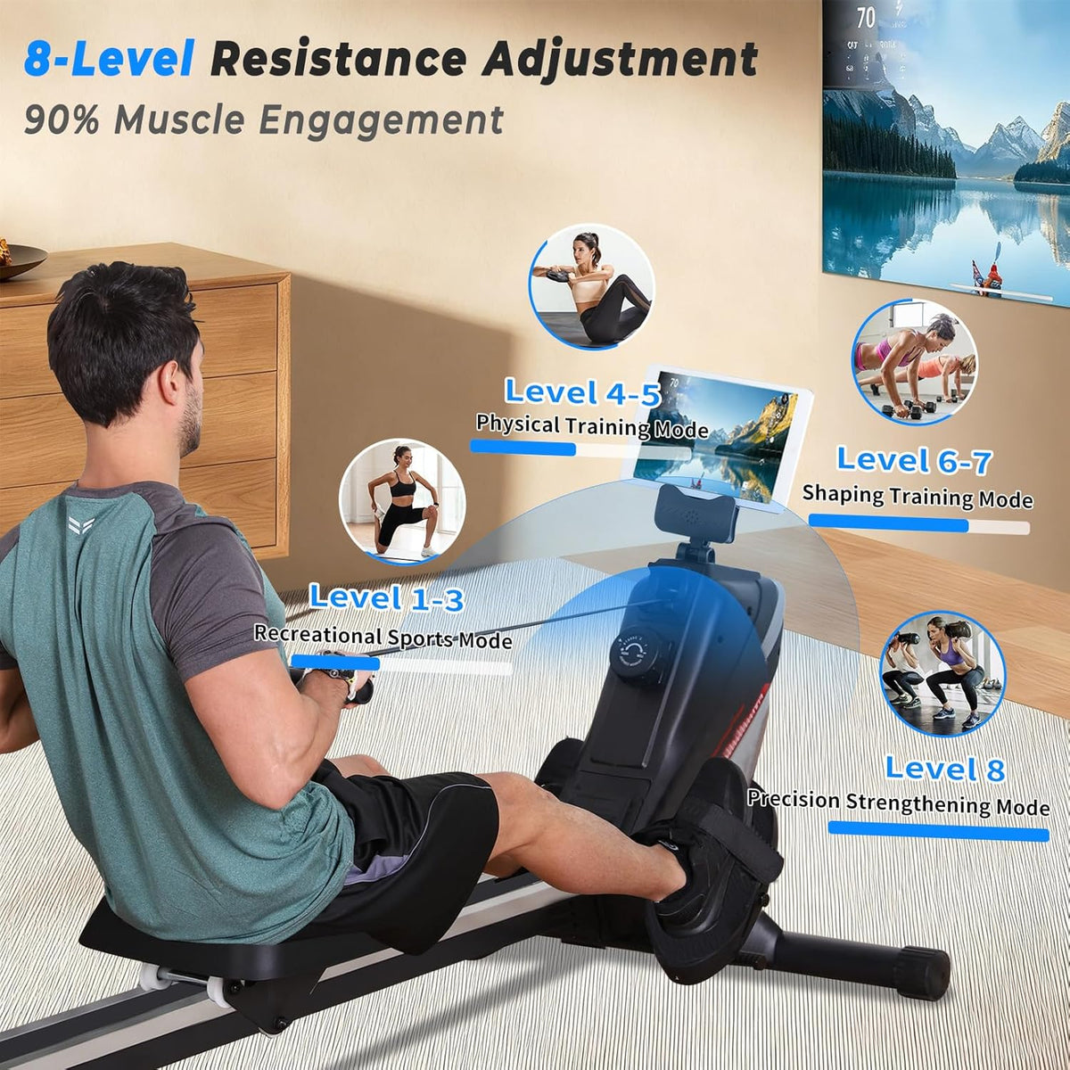 ISE Roeitoestel voor thuis, magnetisch roeitoestel met app en lcd-display en 8 weerstandsniveaus, stil, magnetisch roeitoestel, stil thuisroeitoestel voor cardio-training, indoor-apparaat voor