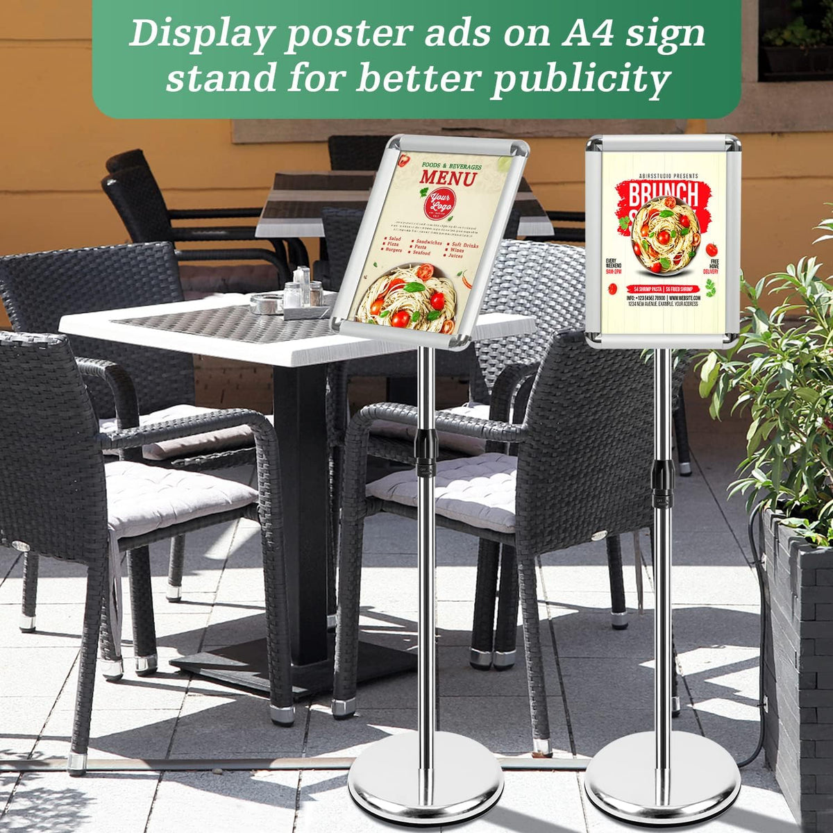 A4 Bordhouder – Bordstandaard – Posterstandaard – Displaystandaard – Menukaarthouder – Set van 6, Zilver – In Hoogte Verstelbaar 81 tot 132 cm – 360° Draaibaar
