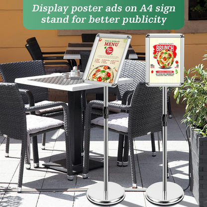 A4 Bordhouder – Bordstandaard – Posterstandaard – Displaystandaard – Menukaarthouder – Set van 6, Zilver – In Hoogte Verstelbaar 81 tot 132 cm – 360° Draaibaar