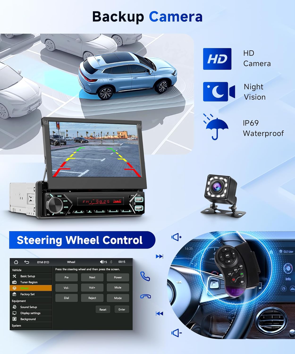 Hodozzy Dab Carplay autoradio, 1 din, draadloos, Android auto, met automatisch display, intrekbaar, 7 inch, autoradio, bluetooth, touchscreen met spiegel/FM/USB/AUX/TF+achteruitrijcamera