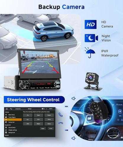 Hodozzy Dab Carplay autoradio, 1 din, draadloos, Android auto, met automatisch display, intrekbaar, 7 inch, autoradio, bluetooth, touchscreen met spiegel/FM/USB/AUX/TF+achteruitrijcamera