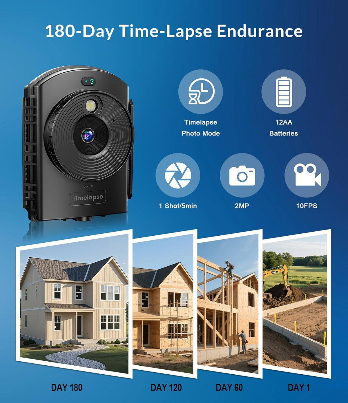 Time Lapse Camera Outdoor - 1080P Timelapse Camera met IR-positionering, 180 dagen opnamen, IP66 Waterbestendig voor buitenbouw, plantengroei, kunstprojecten en natuurverkenning (TL2000)