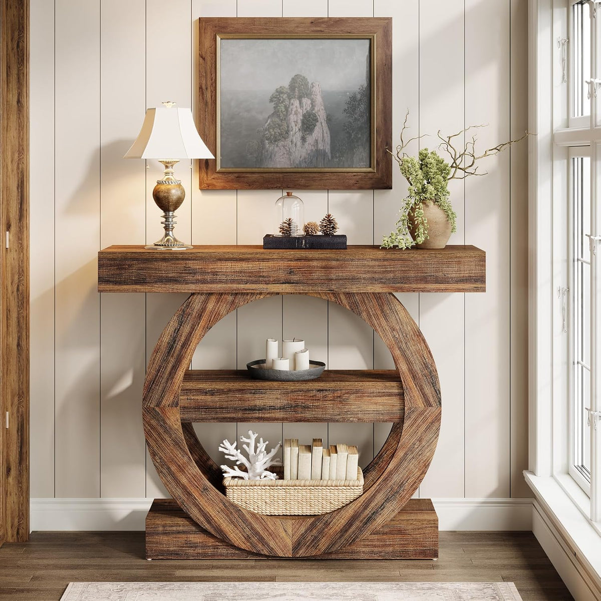 Tribesigns 100cm Entrance Table with Storage, 3 Tier Farm Console Table with Shelves, Wooden Foyer Tables for Entrance, Living Room, Hallway, Behind Sofa (Rustic Brown)