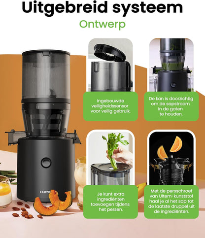 Hurom Slowjuicer | Sapcentrifuge voor groenten en fruit | H320N | Elektrische koudpers | Stille motor | Gemakkelijk schoon te maken met grote container en zeefilter 2L | BPA-vrij (ZWART)
