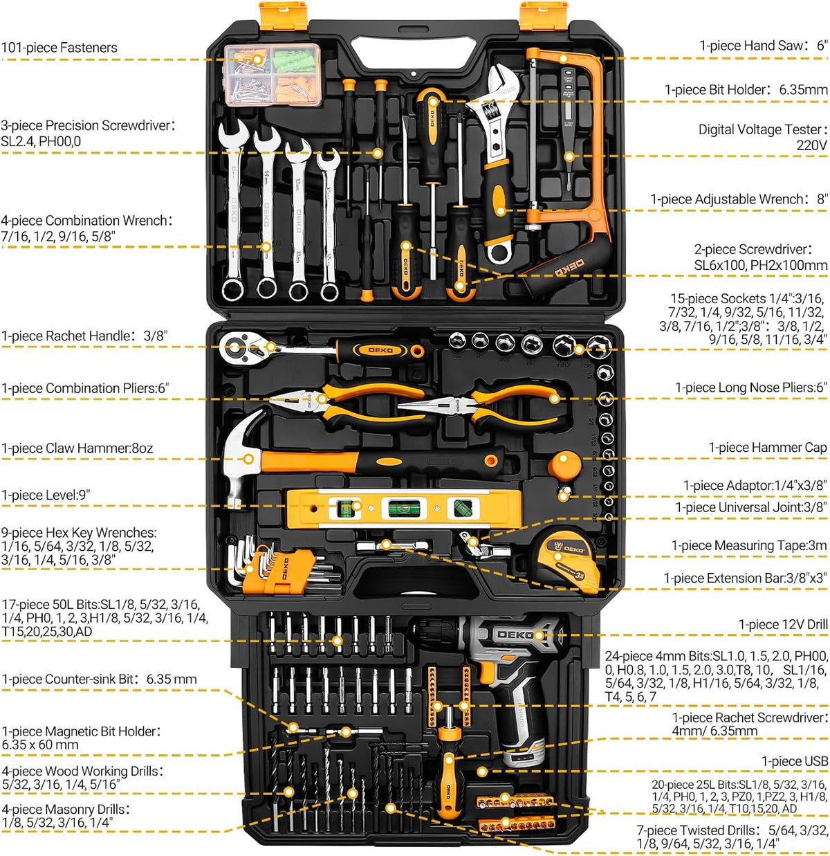 Tool Kit Box Boor Set: DEKO Home Mechanic Toolbox met 12V Power Draadloze Boor Hand Reparatie Gereedschap Sets Combo Kits Opslag Organizer Lade Case voor Mannen