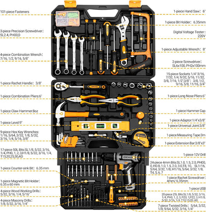 Tool Kit Box Boor Set: DEKO Home Mechanic Toolbox met 12V Power Draadloze Boor Hand Reparatie Gereedschap Sets Combo Kits Opslag Organizer Lade Case voor Mannen