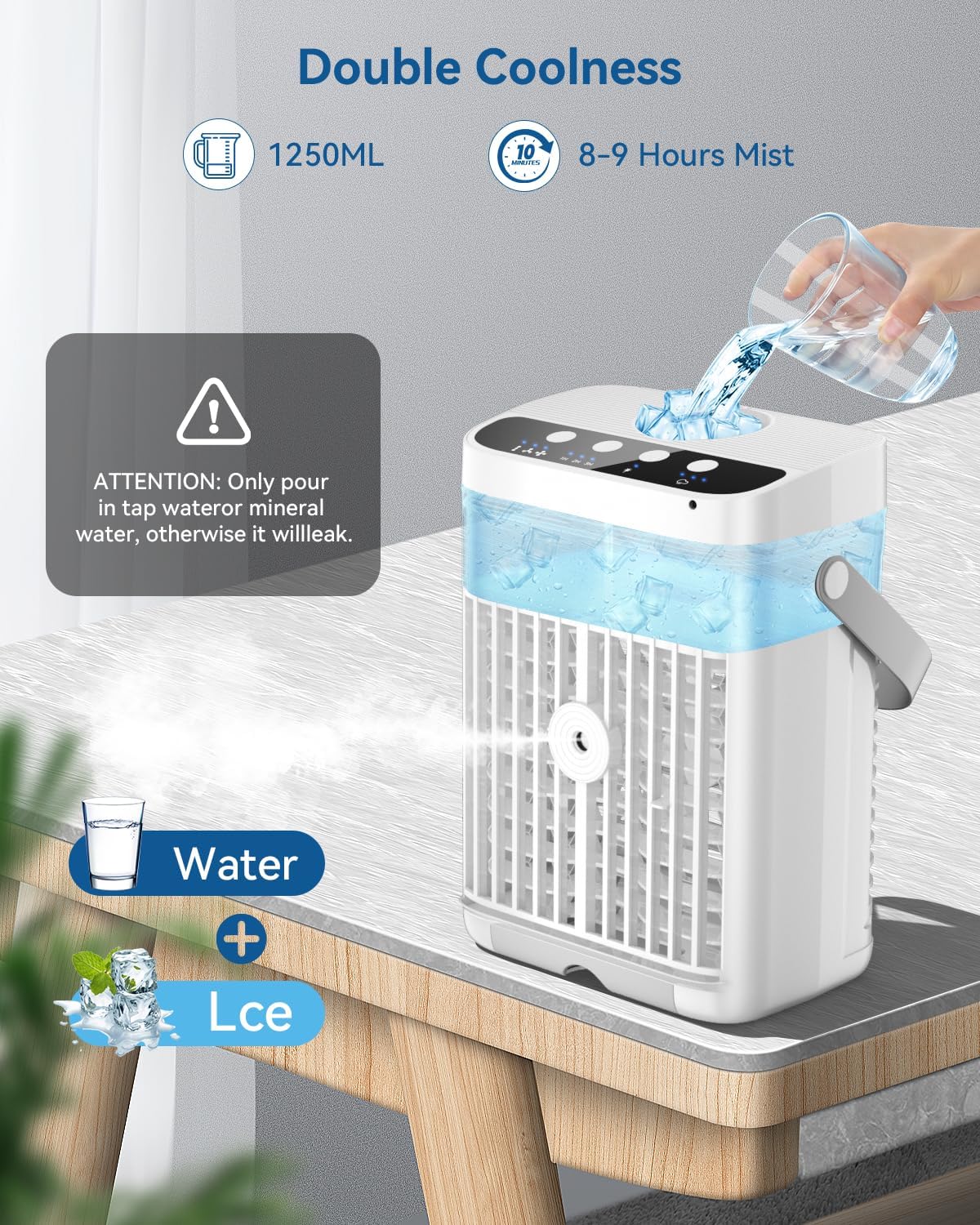 4-in-1 Mobiele Airco - Draagbare Airconditioning - Mini-Airconditioning - 1250 ml - met Timer van 1-3 uur - 3 Snelheden - 3 Nevelmodi - 7-Kleuren-LED - 10W - 5V - 13 x 20 x 27 cm - Wit