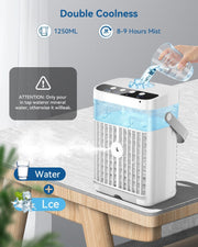 4-in-1 Mobiele Airco - Draagbare Airconditioning - Mini-Airconditioning - 1250 ml - met Timer van 1-3 uur - 3 Snelheden - 3 Nevelmodi - 7-Kleuren-LED - 10W - 5V - 13 x 20 x 27 cm - Wit