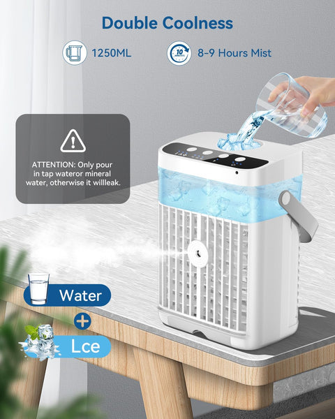4-in-1 Mobiele Airco - Draagbare Airconditioning - Mini-Airconditioning - 1250 ml - met Timer van 1-3 uur - 3 Snelheden - 3 Nevelmodi - 7-Kleuren-LED - 10W - 5V - 13 x 20 x 27 cm - Wit