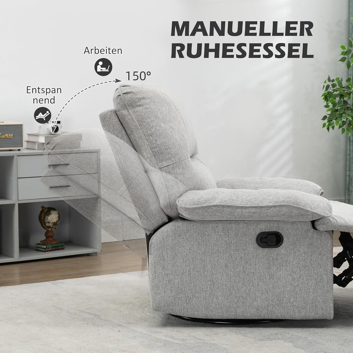 HOMCOM Relaxstoel, televisiestoel met ligfunctie, linnenlook, draaibare tv-stoel met veerkernsysteem, voetensteun, voor woonkamer, slaapkamer, belastbaar tot 160 kg, lichtgrijs