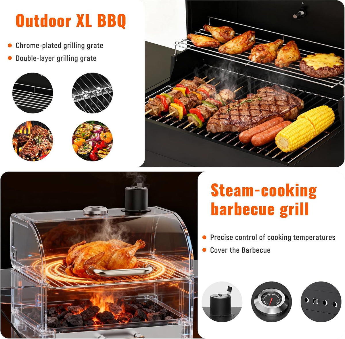 XL Houtskool BBQ Grill voor buiten koken vierkante buis kar roker grill met thermometer, dubbellaags grillrooster, bijzettafel en beweegbare wielen, zwart