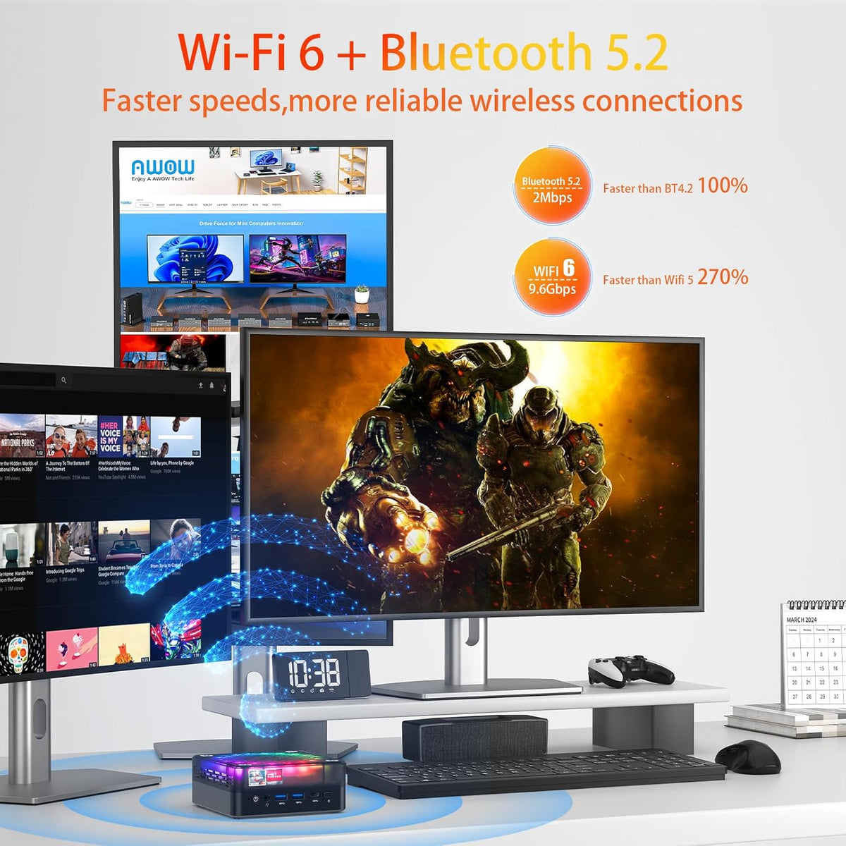 AWOW Mini PC: AMD Ryzen 5 7430U (6C/12T, up to 4.3GHz), 32GB DDR4, 512GB PCIe SD, Radeon graphics, 4K, 2X GbE, WiFi 6, BT 5.2 - QUORE
