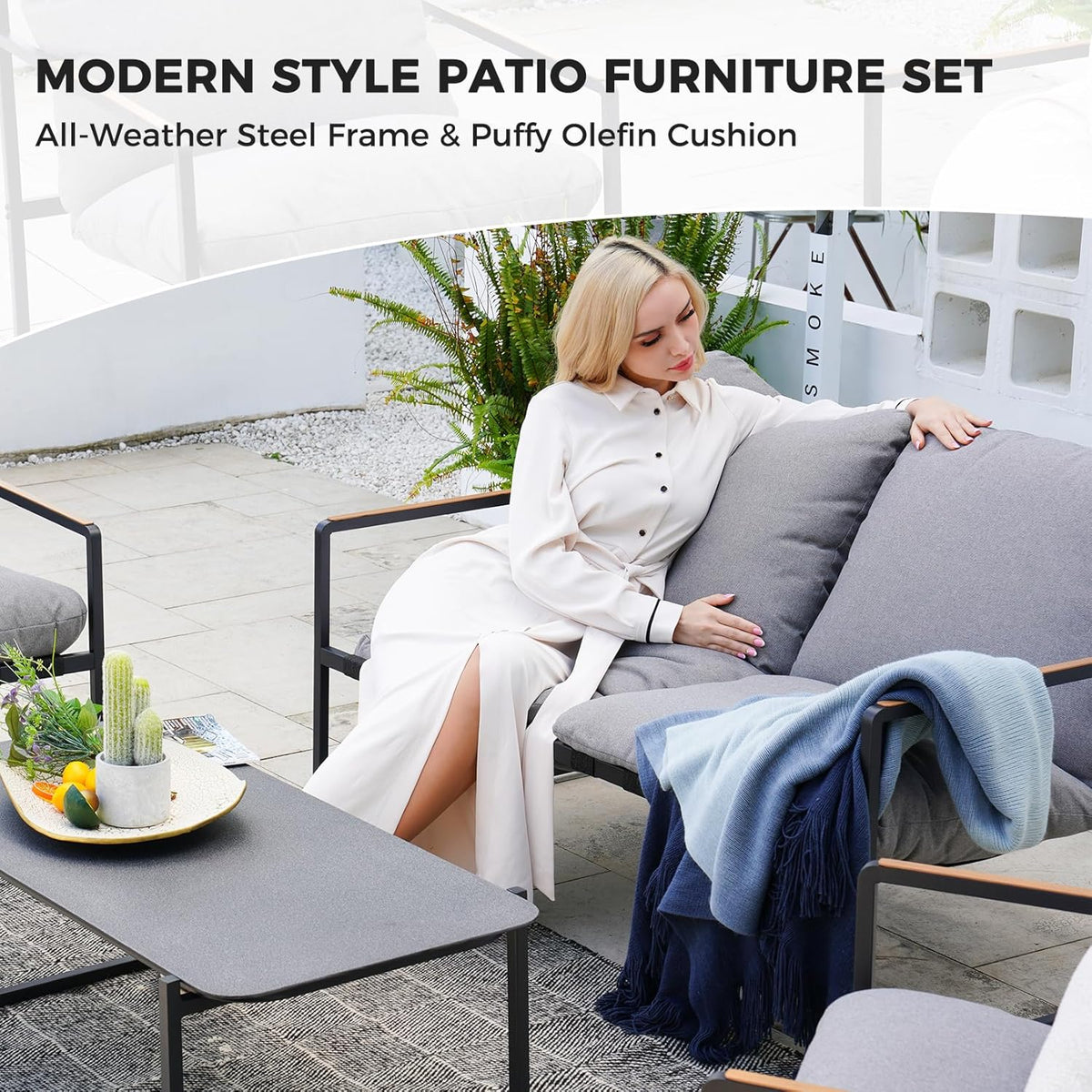 Grand patio Rope Loungeset, 4-zits tuinmeubelset met kussen, 2-zitsbank, 2 stoelen en 1 tafel, metalen zitgroep voor tuin, terras, buiten, binnen