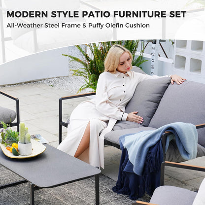 Grand patio Rope Loungeset, 4-zits tuinmeubelset met kussen, 2-zitsbank, 2 stoelen en 1 tafel, metalen zitgroep voor tuin, terras, buiten, binnen
