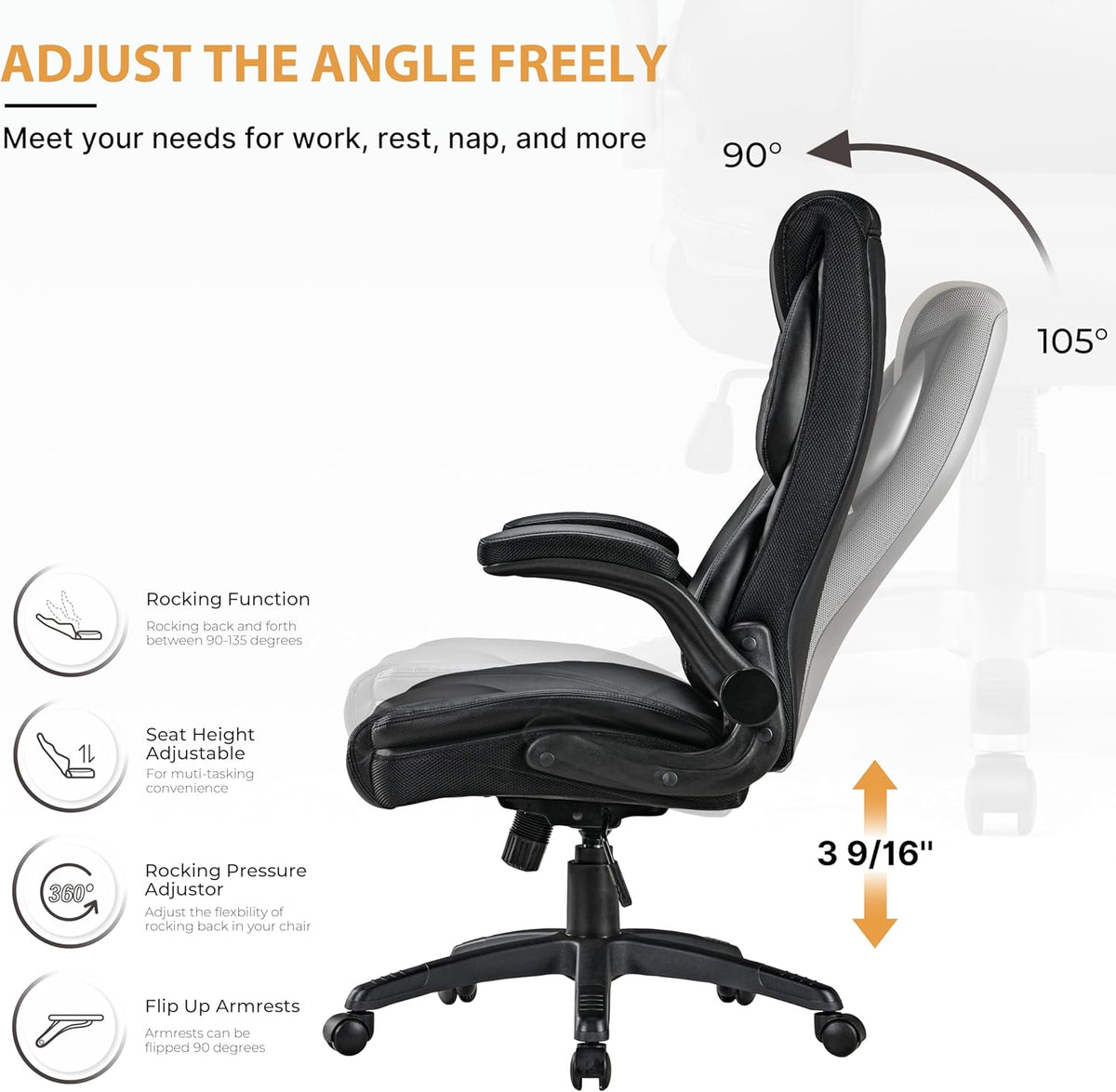 Bureaustoel – Kantoorstoel – Computerstoel – Gamestoel – Office Chair – PU-leder – 90° Opklapbare Armleuningen – Ergonomische Lendensteun