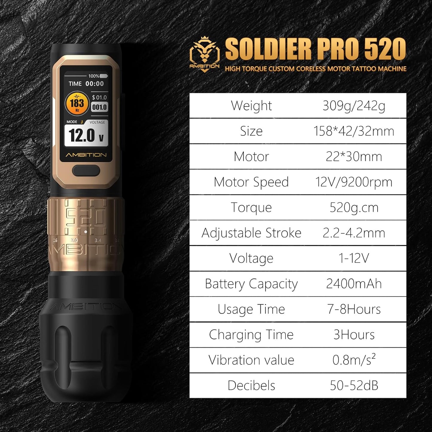 Ambition Soldier Pro 520 Tattoo Machine Draadloze Rotary Pen met 520g.cm Krachtige Motor, Dubbele 2400mAh Batterij en Verstelbare Slag, Professionele Tattoo Uitrusting voor Artiesten