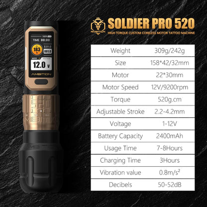Ambition Soldier Pro 520 Tattoo Machine Draadloze Rotary Pen met 520g.cm Krachtige Motor, Dubbele 2400mAh Batterij en Verstelbare Slag, Professionele Tattoo Uitrusting voor Artiesten