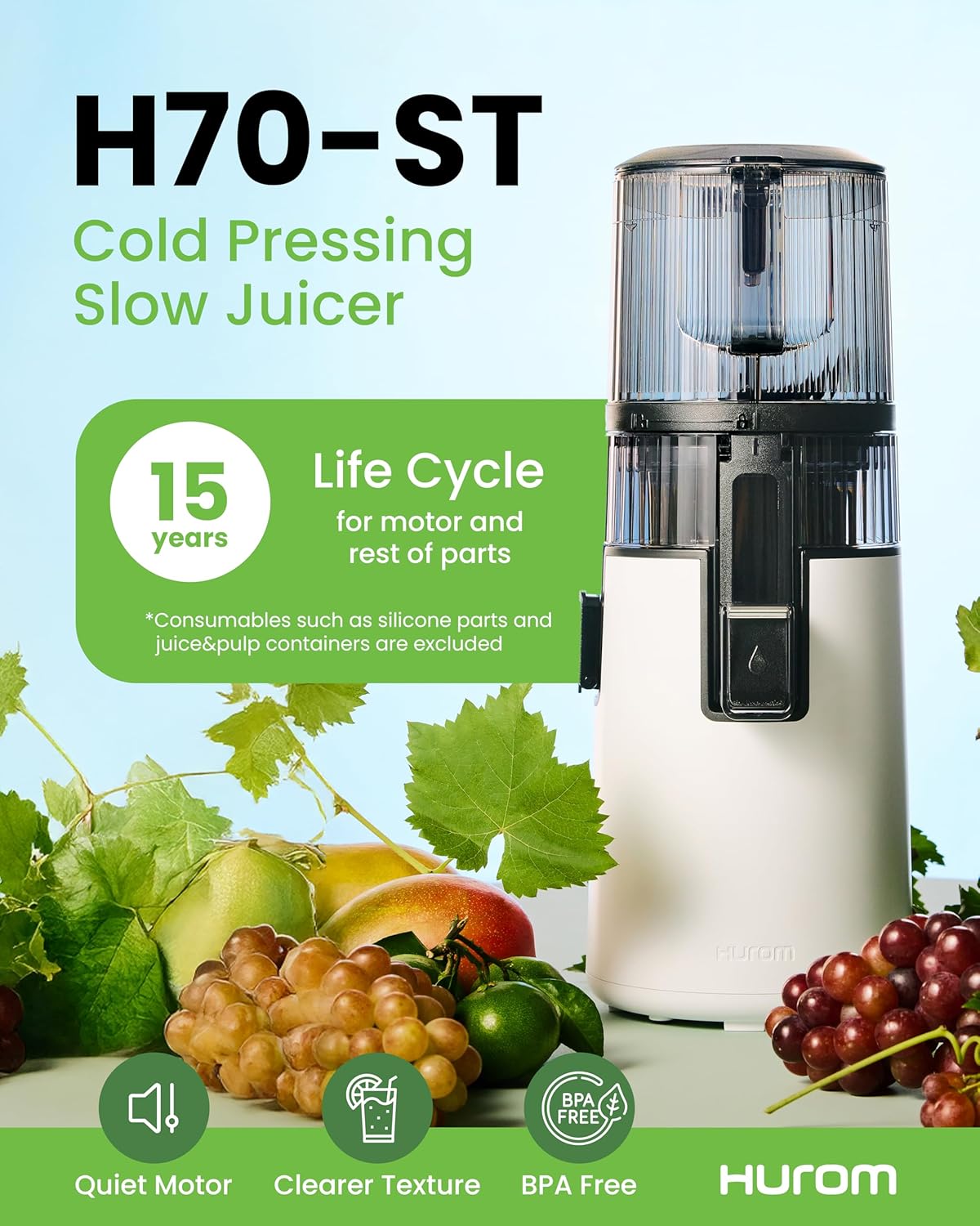 Hurom H70ST Nieuwe Slowjuicer | Elektrische koudepers | Sapcentrifuge voor groenten & fruit | 1,8L capaciteit | Automatische sapfunctie | BPA-vrij | 15 jaar garantie | Wit