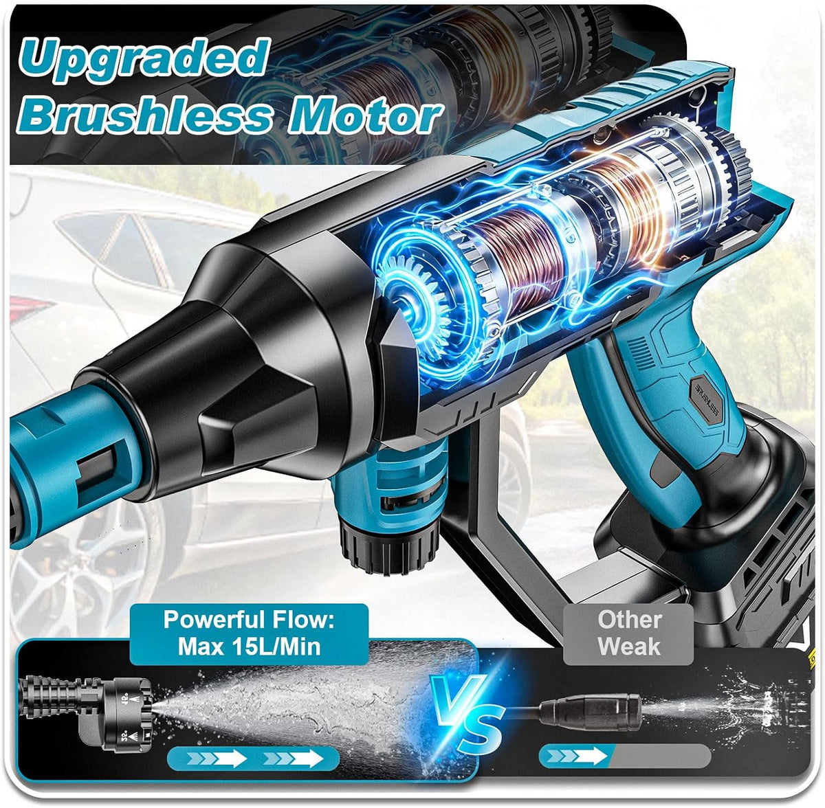 Hogedrukreiniger, 3000 W, borstelloze motor, 4-snelheden, max. 125 bar, mobiele drukreiniger met 2 x 4,0 Ah batterijen, 6-in-1 en 180 graden draaibaar mondstuk, schuimsproeier, reinigingsborstel