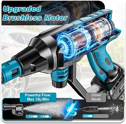 Hogedrukreiniger, 3000 W, borstelloze motor, 4-snelheden, max. 125 bar, mobiele drukreiniger met 2 x 4,0 Ah batterijen, 6-in-1 en 180 graden draaibaar mondstuk, schuimsproeier, reinigingsborstel