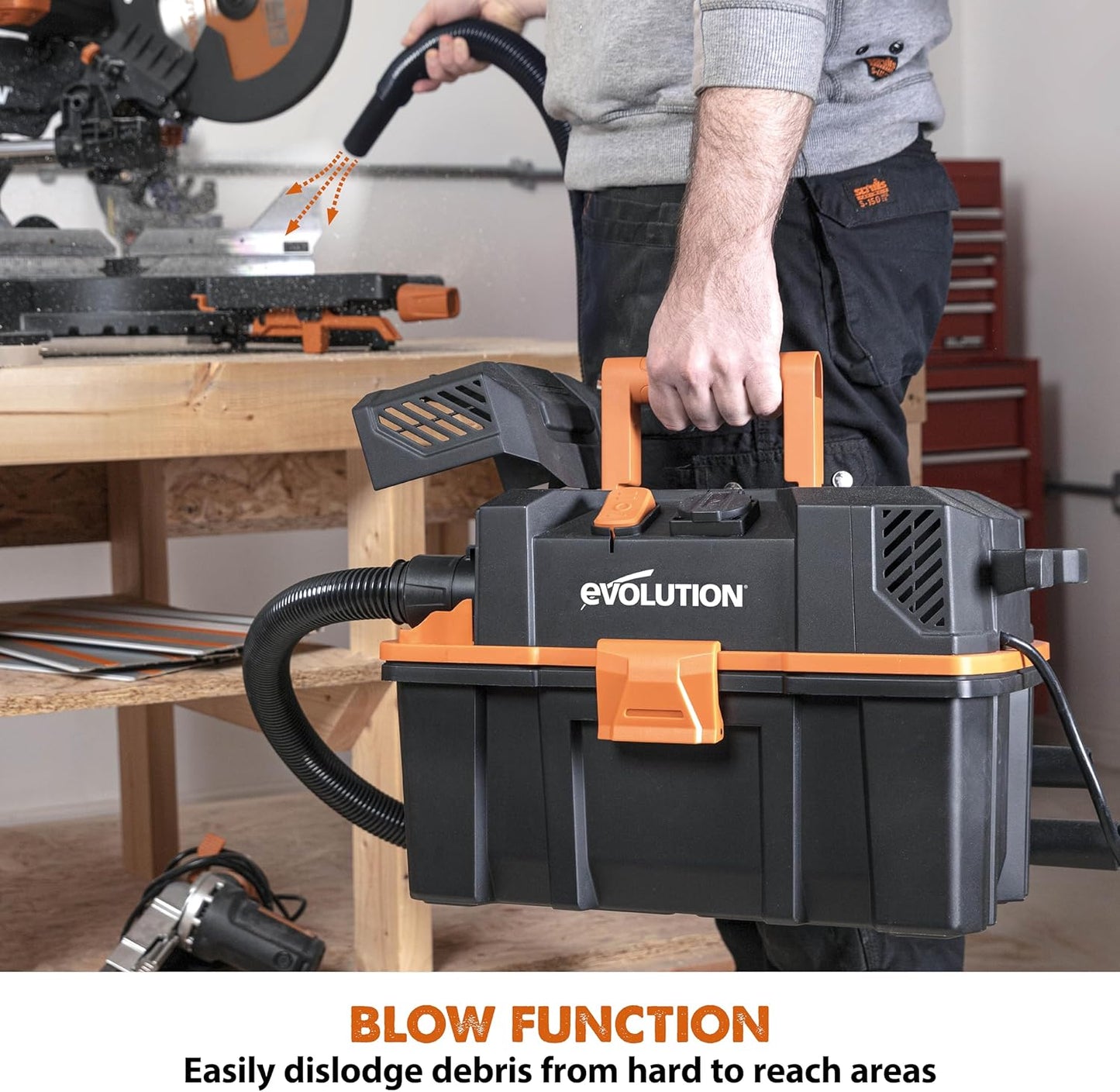 Evolution Power Tools R15VAC Stofzuiger Nat en Droog Vac, Draagbaar en Lichtgewicht Ideale Stofafzuiger voor Zaagsel in Werkplaatsen, Met Power Take-Off, Bedraad, Oranje