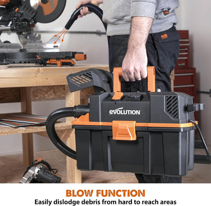 Evolution Power Tools R15VAC Stofzuiger Nat en Droog Vac, Draagbaar en Lichtgewicht Ideale Stofafzuiger voor Zaagsel in Werkplaatsen, Met Power Take-Off, Bedraad, Oranje
