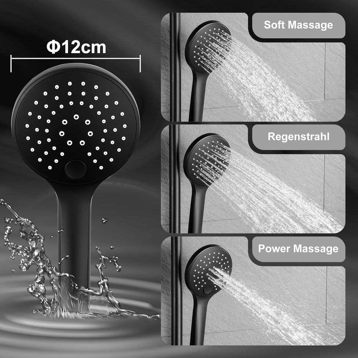 Doucheset – Douchesysteem – Douchezuil – Regendouche – Douchekop – Zwarte Regendouchekop 25 cm – Verstelbare Douchestang 74-114 cm
