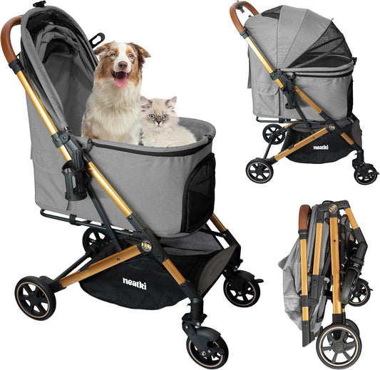 opvouwbare huisdierenwagen voor honden en katten | Capaciteit 15 kg | 360° zwenkbare voorwielen | Eén-klik vouwsysteem | Riem- en veiligheidsclips | Afneembare, wasbare bekleding (Grijs)