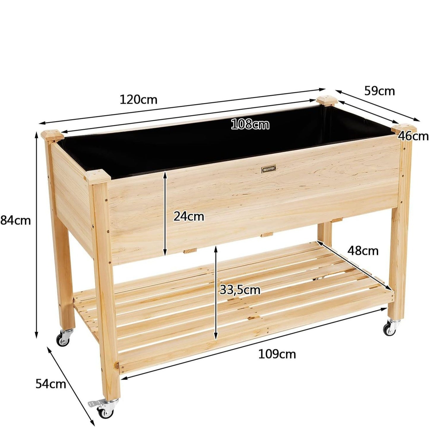 Verhoogd Plantenbed – Mobil Plantenvak – Houten Moestuinbak – Tuinbak Op Wieltjes – Balkonbak – Duurzaam Grenenhout – 120x59x84 cm – Verplaatsbaar Met Remmen