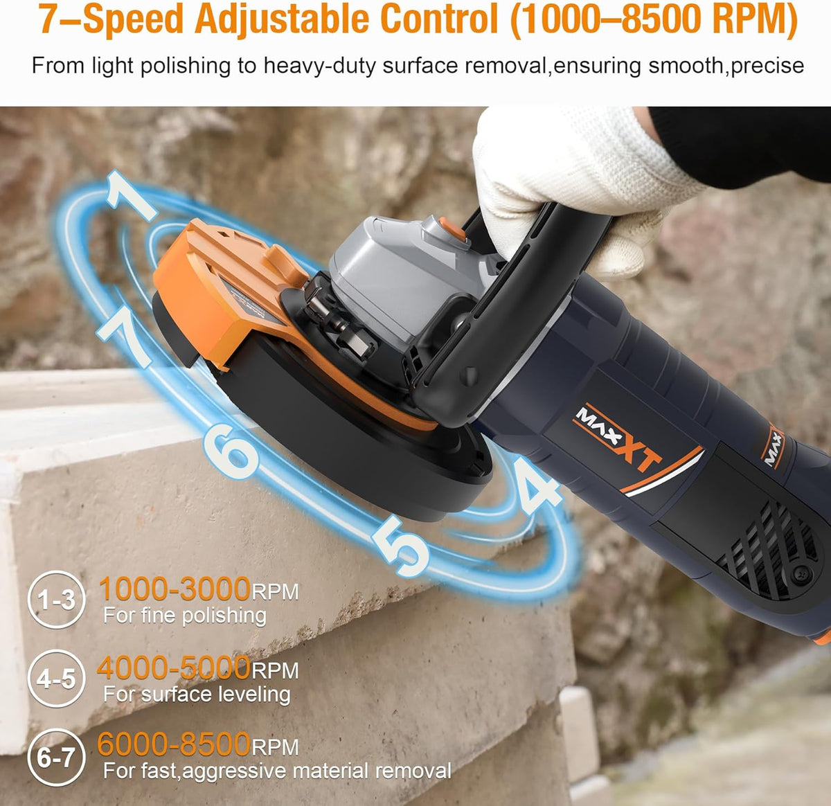 MAXXT Betonschuurmachine 1500 W – 1000 – 8500 omw/min, 7 instelbare snelheden, afneembare bescherming, 2 diamantslijpschijven meegeleverd