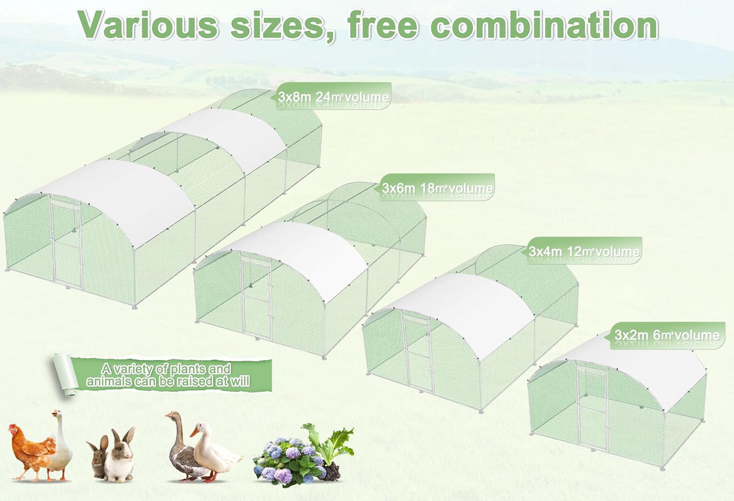 Chicken Coop, Metal Enclosure, Poultry House, Small Animals, Galvanized Steel Frame with PE Roof, Arch Mount, 3 x 4 m - QUORE
