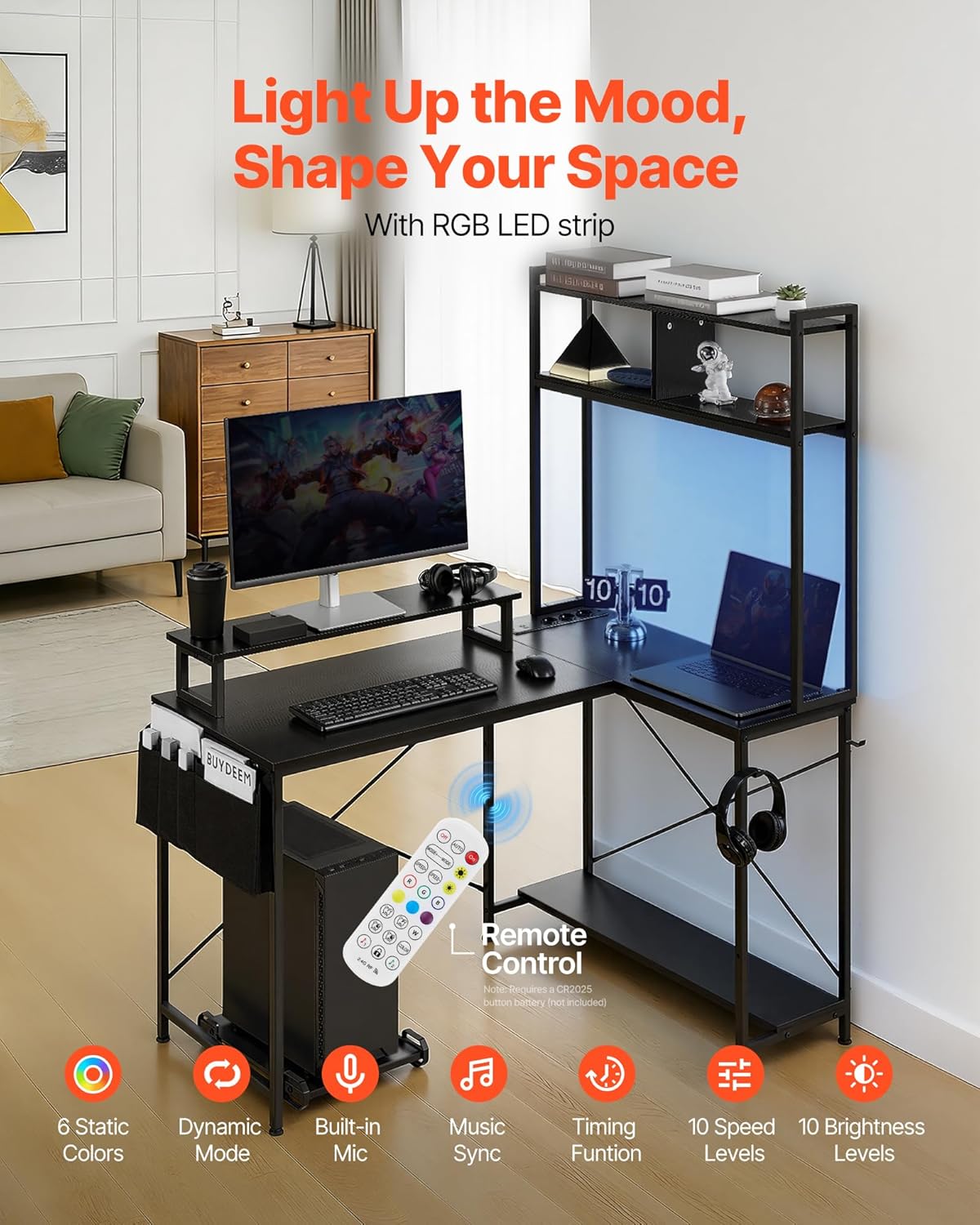 VEVOR Computer-gamingbureau, L-vormig, omkeerbaar, 1200 x 900 x 1600 mm, met stopcontacten, CPU-standaard, planken, gamingtafel voor pc, thuiskantoor