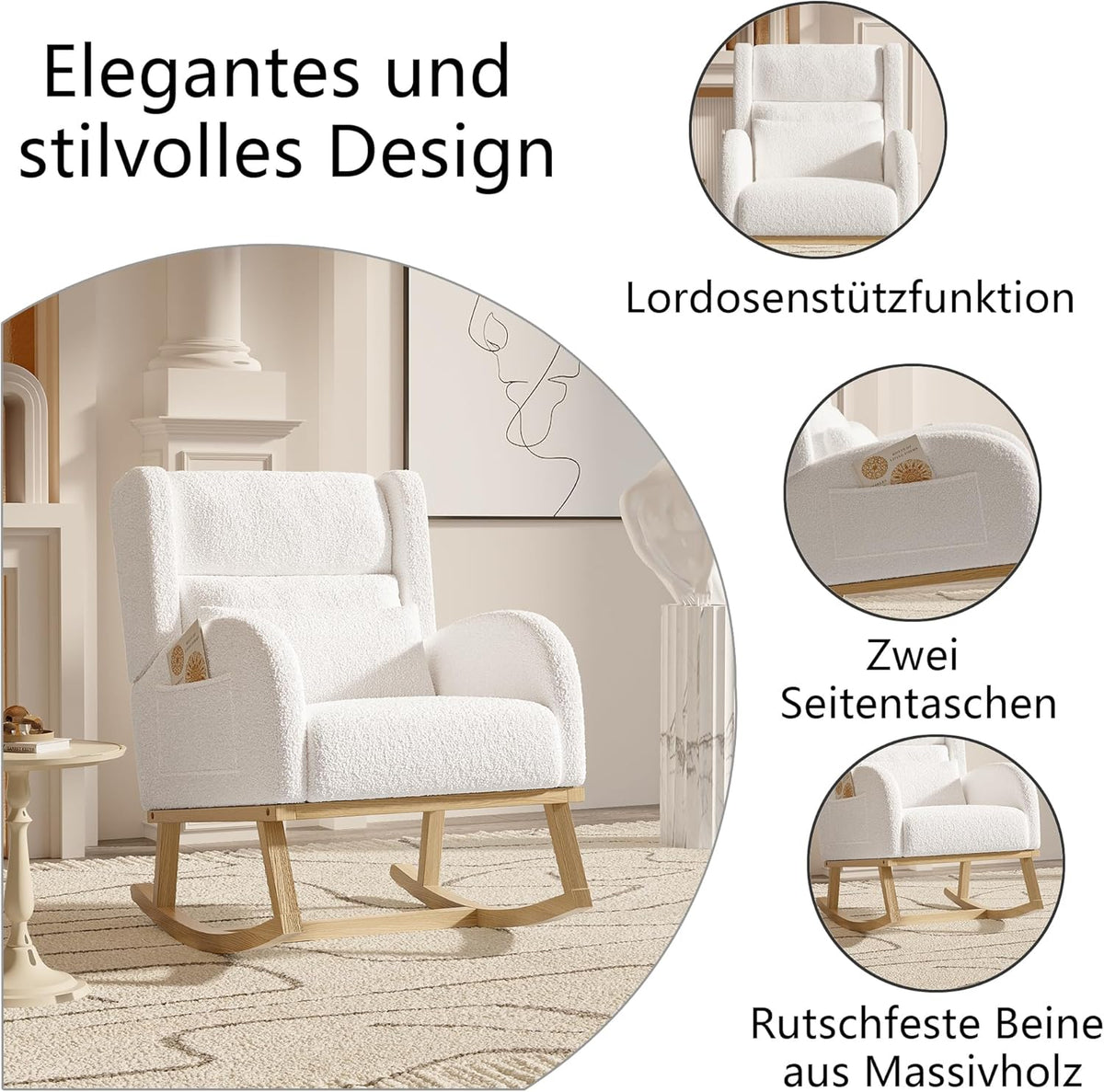 Schommelstoel – Relaxstoel – Hangstoel – Schommelzetel – Loungestoel – Teddy Fluweel Bekleding – Ergonomisch Lendenkussen