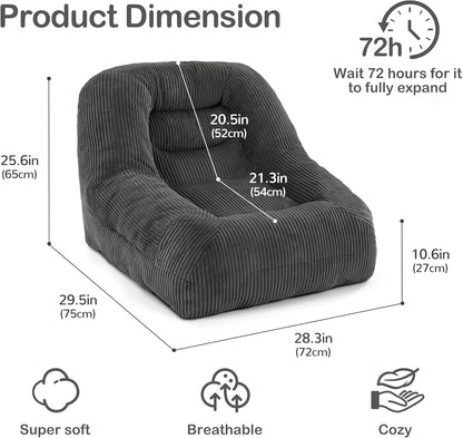 Pamapic Zitzak, grote eenpersoonszitzak met vulling, ergonomische ligstoel, corduroy luie bank, zitzak voor volwassenen, loungestoel voor woonkamer, slaapkamer, speelkamer, grijs, 93 x 85 x 70 cm
