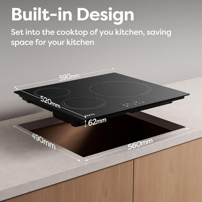 CIARRA CABBIH3-E Kookplaat met inductie, 3 kookplaten, 5600 W, inbouwkookplaat, touch-bediening, 9 niveaus