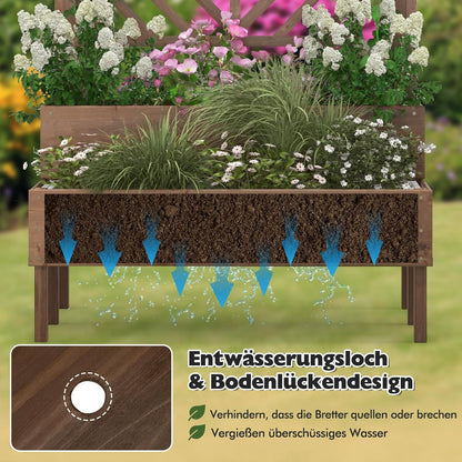 FANTASK Bloembak met latwerk van dennenhout, tuinspalier met 2 rankkasten, verhoogd bloembed met rankrooster en drainagegat, bloempot voor tuin, binnenplaats, balkon, bruin