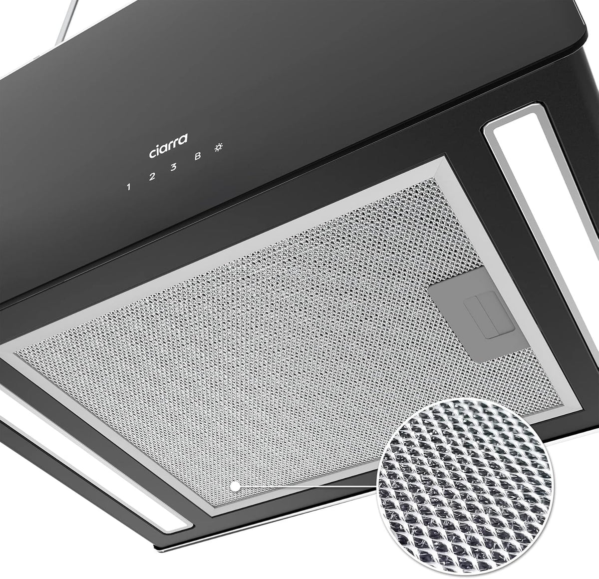 CIARRA CBCB4850 A+++ eilandafzuigkap recirculatie vrijhangend afzuigkap 48 cm 700 m³/u met slimme Wi-Fi app 4 snelheden boostfunctie glazen front inclusief actiefkoolfilter CBCF003 zwart