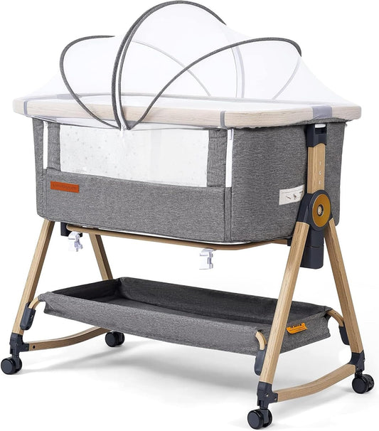 Maydolly Baby Cot,Baby Co-sleeper, 3 in 1 Cots, Bedroom Crib,Cot,High Quality Mattress ech Height Adjustment and Incline Adjustment, 4 Casters with Brake(Grey) - QUORE