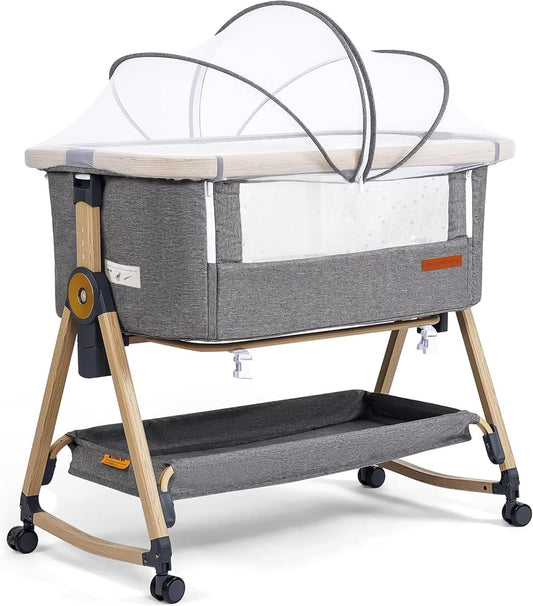 Maydolly Babybed,Baby Co-sleeper, 3 in 1 Ledikanten, Slaapkamerwieg，Kinderbed,Hoogwaardige matras ech hoogteverstelling en hellingverstelling, 4 zwenkwielen met rem(grijs)