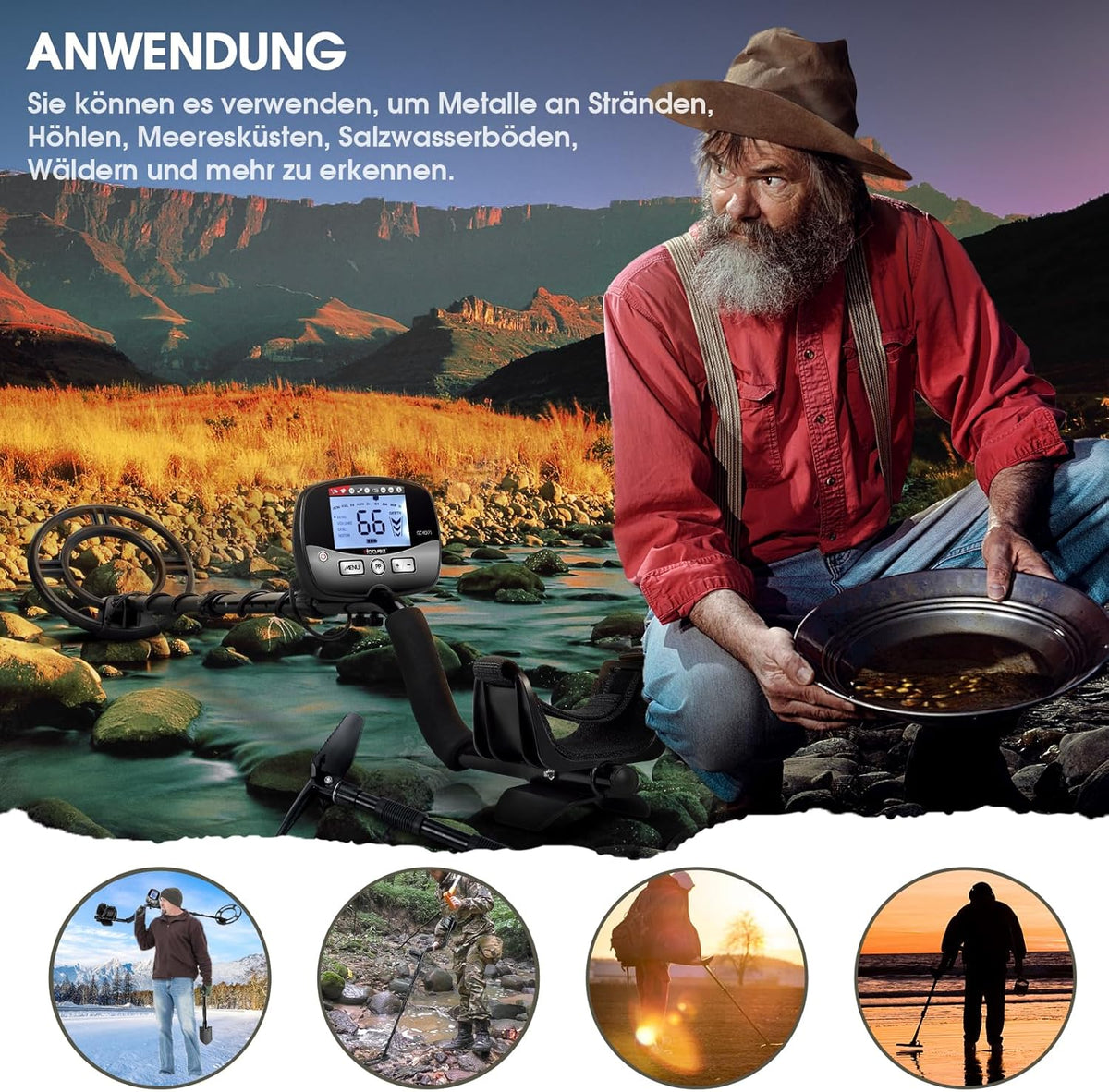 Metaaldetector voor Volwassenen – Goudzoeker, Gouddetector, Schatzoeker, Metaalzoeker – 10 Inch Waterdichte Zoekspoel – LCD-Scherm met Achtergrondverlichting en 4 Instelbare Modi