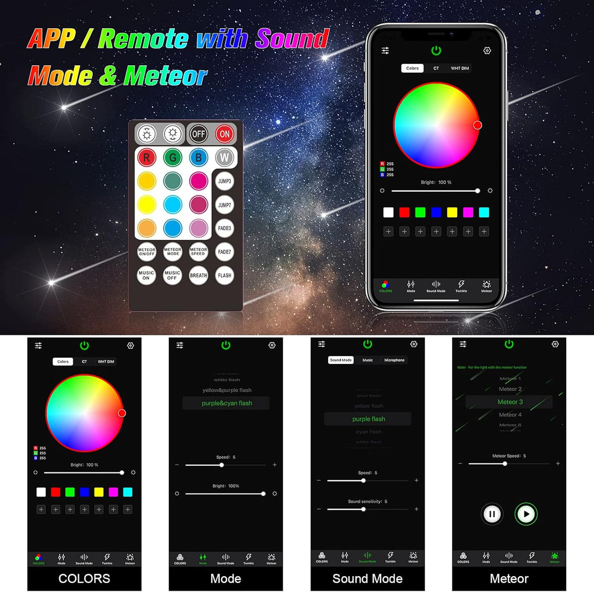 CHINLY Bluetooth Meteor 16W RGBW APP LED Fiber Optic Light Star Plafondverlichting Kit APP 450 stuks * (0,75+1,0+1,5mm) *3m optische vezel + voor thuis/auto