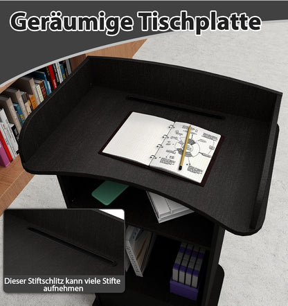 Sta-bureau, podiumstandaard, houten podium, houten sprekerbureau met dubbellaags opbergvak en remwiel voor klaslokaal, hoorzaal, kerk, seminar zwart (60 x 39,8 x 101 cm)