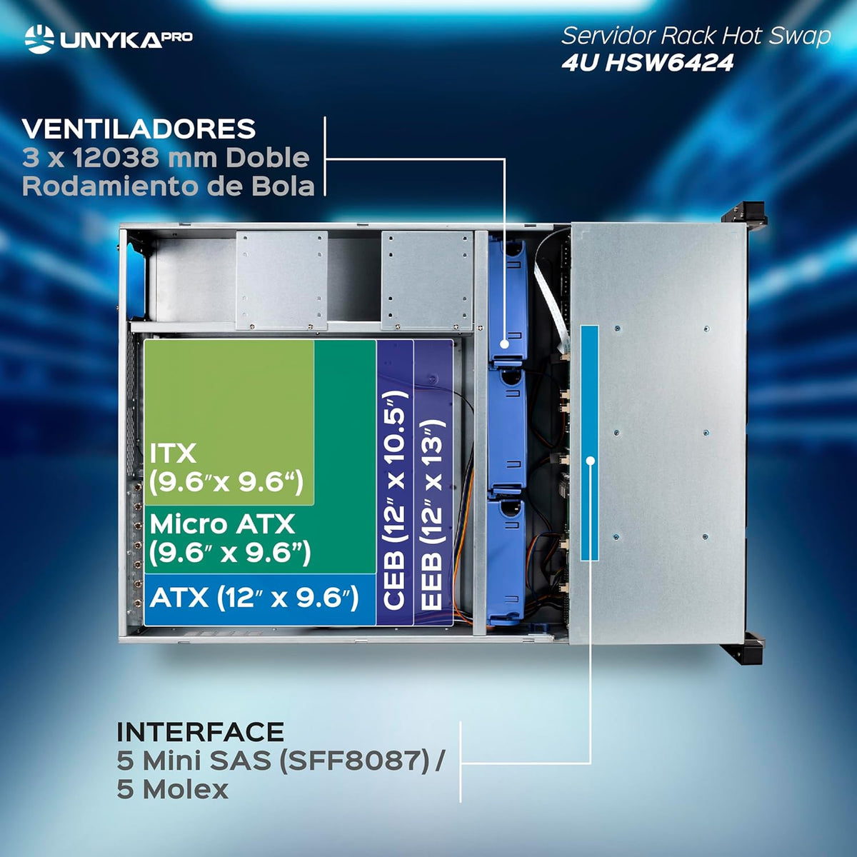 UNYKAch HSW6424 ATX 19" 4U Hot Swap Rackbehuizing (HSW6424 ATX), 24 sleuven, voor 3,5 of 2,5 inch schijven, 3 x 120 mm ventilatoren, 2 x USB 2.0