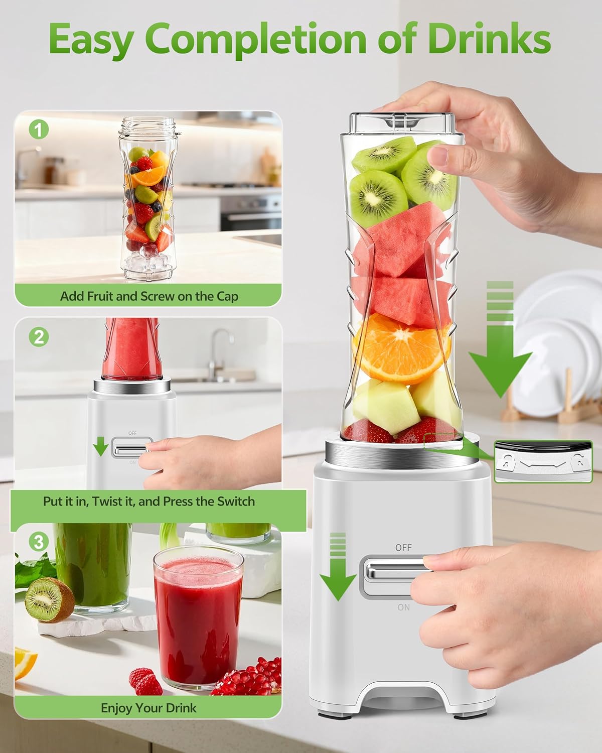 Mixer, draagbare mini-mixer, mixer met 500 W, smoothie maker met 2 Tritan-flessen à 600 ml, BPA-vrij, elektrische mixer met 4 messen van roestvrij staal, voor ijs