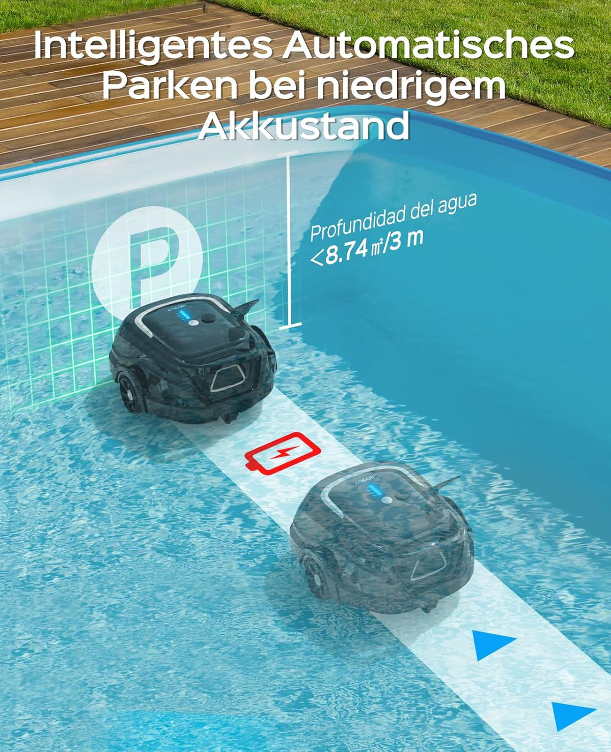 WYBOT A1 Draadloze zwembadrobot met 120 minuten looptijd en dubbel filtersysteem, voor opbouwzwembaden tot 100 m², 2,5 uur snel opladen, vloerreiniger voor zwembaden met efficiënte stofzuigerfunctie